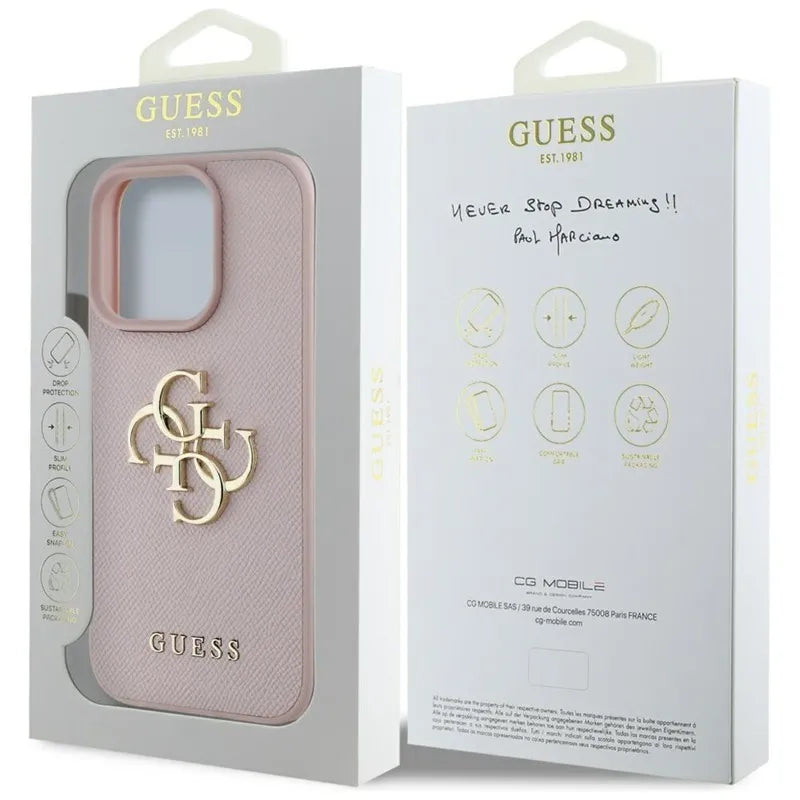 Guess Grained Big 4G Logo Small Classic Logo – dėklas, skirtas iPhone 16 Pro (rožinis)