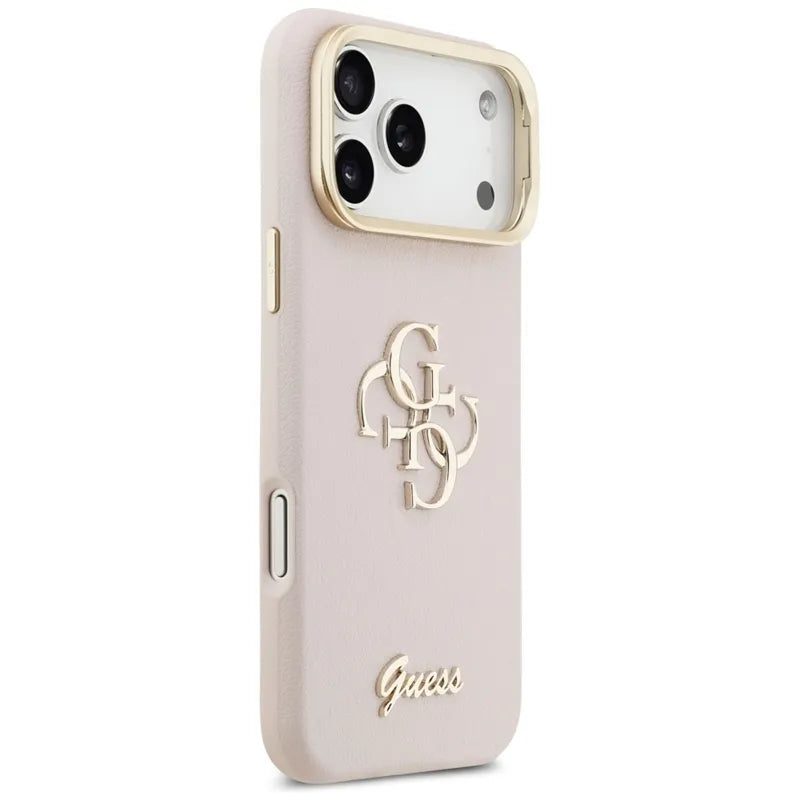Guess Grained Dydis 4G ir Stovas Kamerai - dėklas iPhone 17 Pro Max (rožinis)