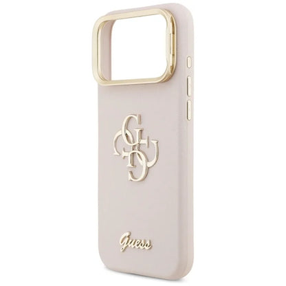 Guess Grained Dydis 4G ir Stovas Kamerai - dėklas iPhone 17 Pro Max (rožinis)