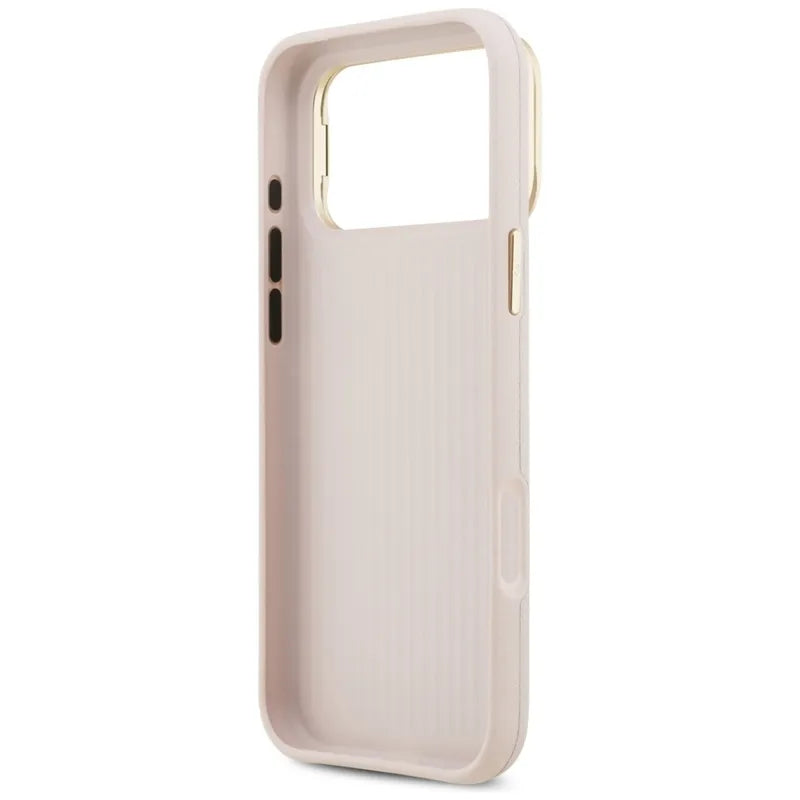 Guess Grained Dydis 4G ir Stovas Kamerai - dėklas iPhone 17 Pro Max (rožinis)