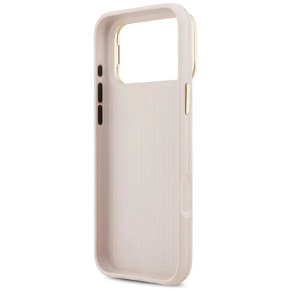 Guess Grained Dydis 4G ir Stovas Kamerai - dėklas iPhone 17 Pro Max (rožinis)