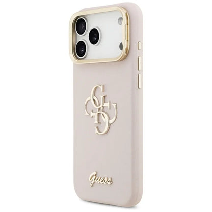 Guess Grained Dydis 4G ir Stovas Kamerai - dėklas iPhone 17 Pro Max (rožinis)
