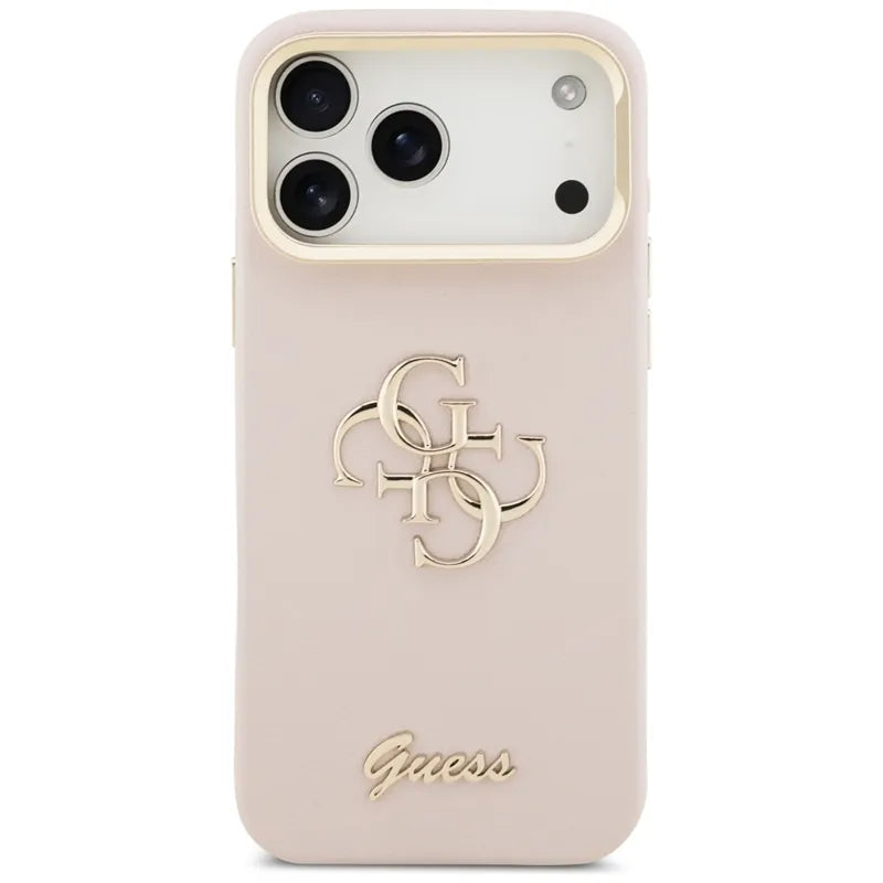 Guess Grained Dydis 4G ir Stovas Kamerai - dėklas iPhone 17 Pro Max (rožinis)