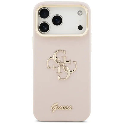 Guess Grained Dydis 4G ir Stovas Kamerai - dėklas iPhone 17 Pro Max (rožinis)