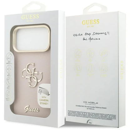 Guess Grained Dydis 4G ir Stovas Kamerai - dėklas iPhone 17 Pro Max (rožinis)