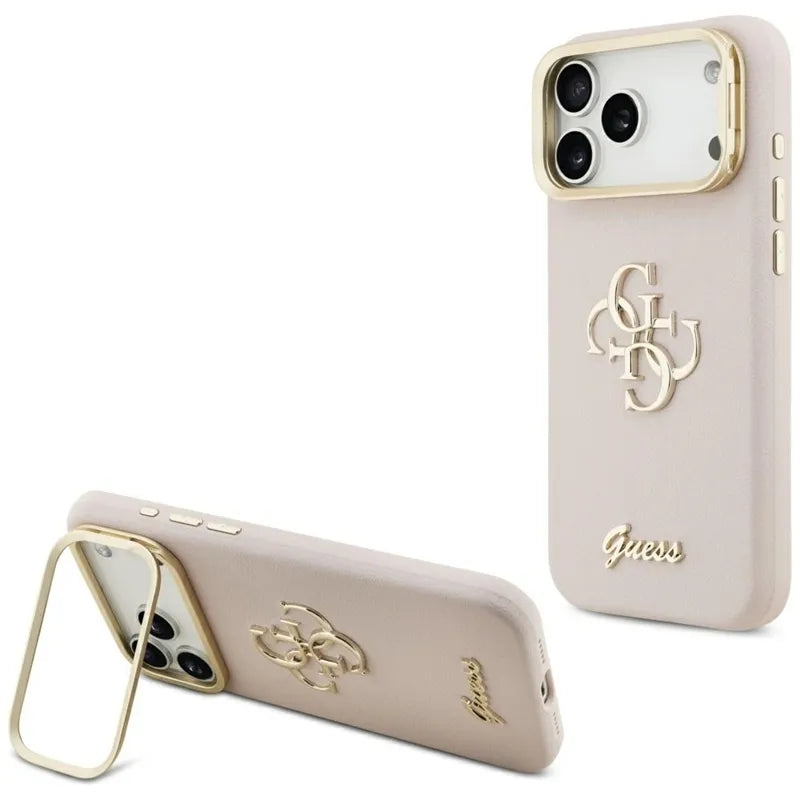 Guess Grained Dydis 4G ir Stovas Kamerai - dėklas iPhone 17 Pro Max (rožinis)