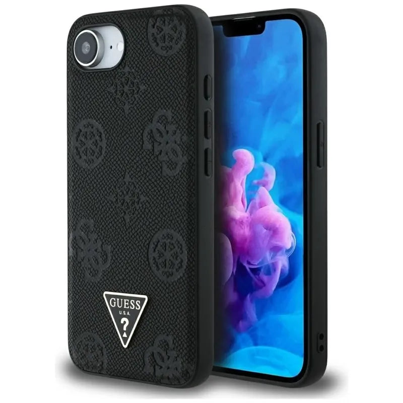 Guess Grained Hot Stamp Peony Triangle Logo MagSafe – dėklas iPhone 16e (juodas)