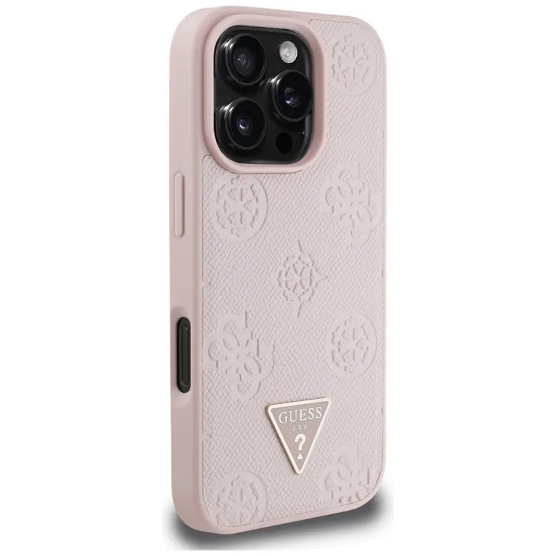 Guess Grained Hot Stamp Peony Triangle Logo MagSafe – dėklas, skirtas iPhone 16 Pro (rožinis)