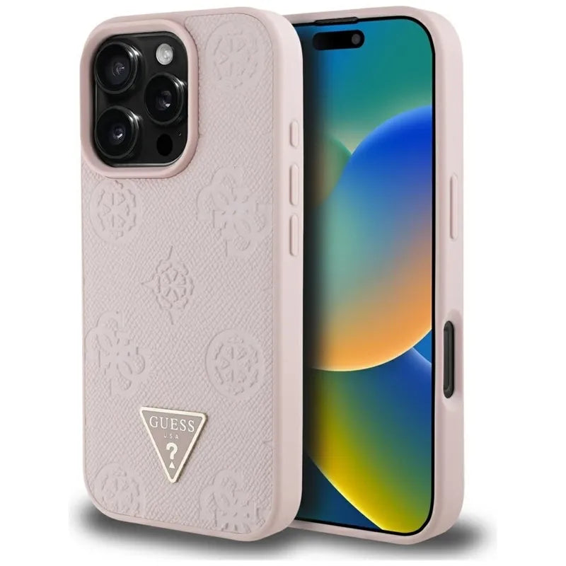 Guess Grained Hot Stamp Peony Triangle Logo MagSafe – dėklas, skirtas iPhone 16 Pro (rožinis)