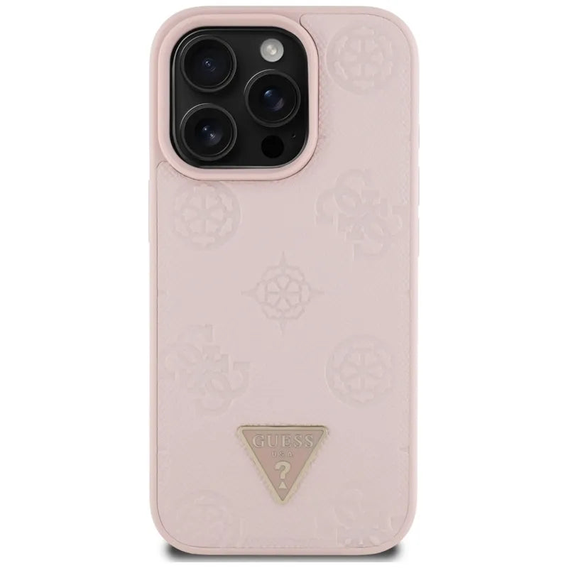 Guess Grained Hot Stamp Peony Triangle Logo MagSafe – dėklas, skirtas iPhone 16 Pro (rožinis)