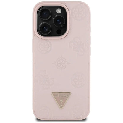 Guess Grained Hot Stamp Peony Triangle Logo MagSafe – dėklas, skirtas iPhone 16 Pro (rožinis)