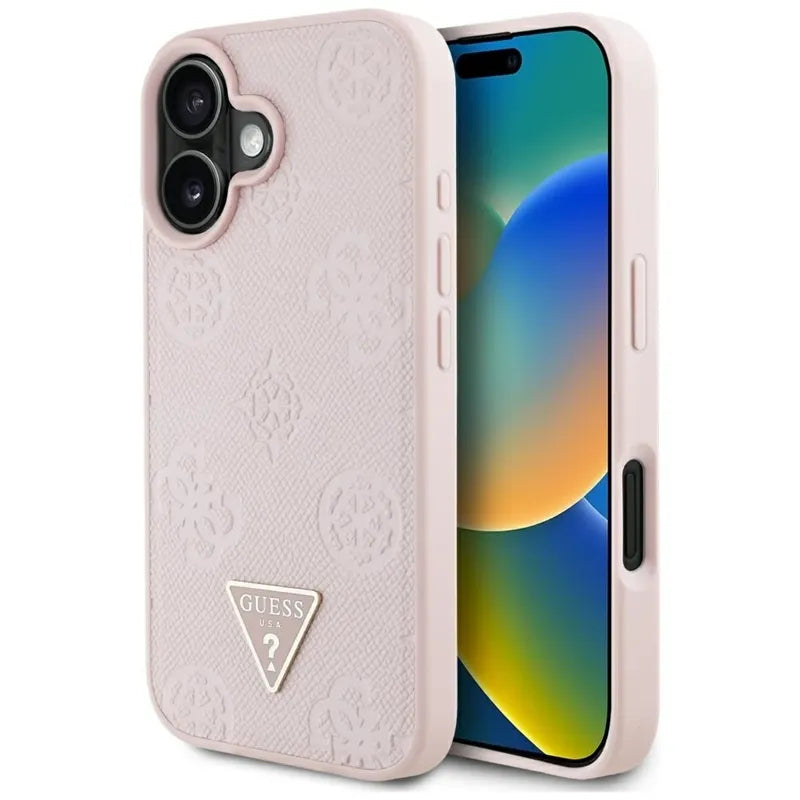 Guess Grained Hot Stamp Peony Triangle Logo MagSafe - „iPhone 16“ dėklas (rožinis)