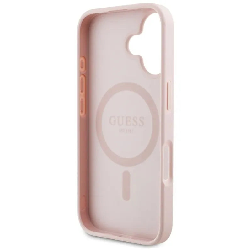 Guess Grained Hot Stamp Peony Triangle Logo MagSafe - „iPhone 16“ dėklas (rožinis)