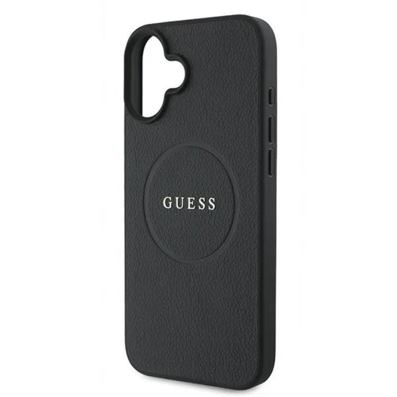 Guess Grained Ring MagSafe - Dėklas iPhone 16 Plus (juodas)