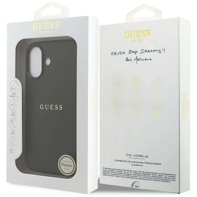 Guess Grained Ring MagSafe dėklas iPhone 17 (juodas)