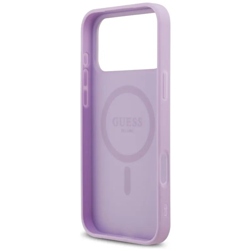 Guess Grained Ring MagSafe dėklas iPhone 17 Pro Max (violetinis)