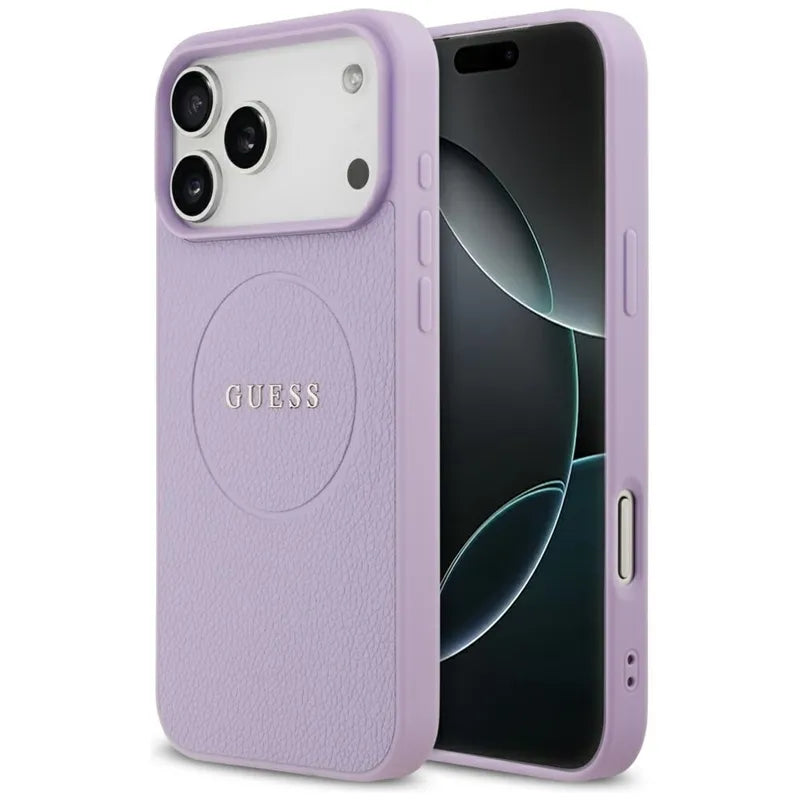 Guess Grained Ring MagSafe dėklas iPhone 17 Pro Max (violetinis)