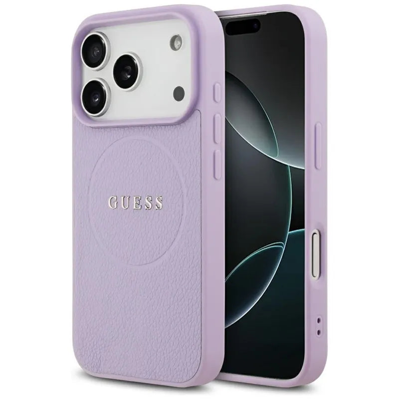 Guess Grained Ring MagSafe dėklas iPhone 17 Pro (violetinė)