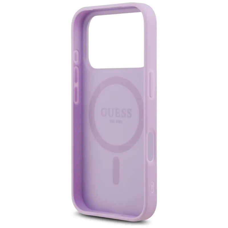 Guess Grained Ring MagSafe dėklas iPhone 17 Pro (violetinė)