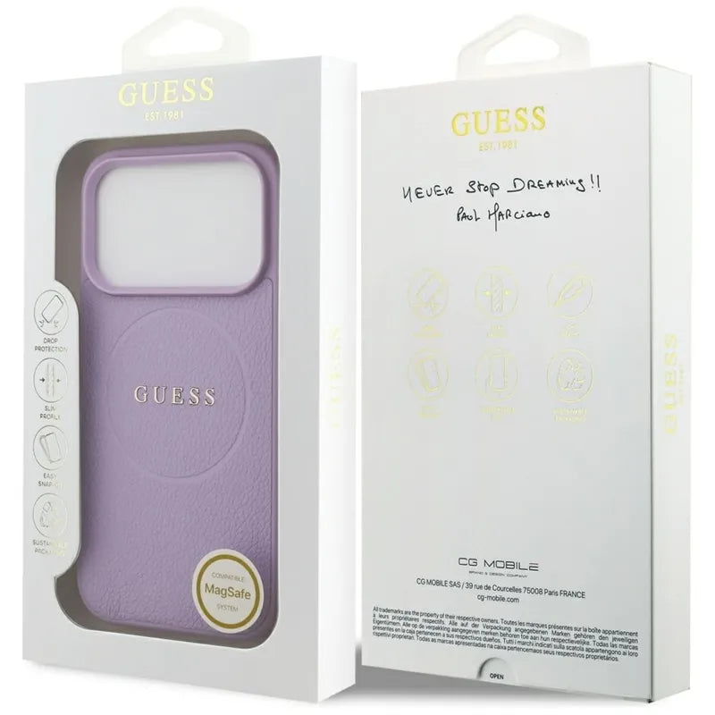 Guess Grained Ring MagSafe dėklas iPhone 17 Pro (violetinė)