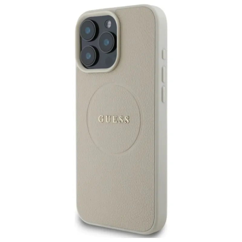 Guess Grained Ring MagSafe – dėklas, skirtas „iPhone 16 Pro Max“ (smėlio spalvos)
