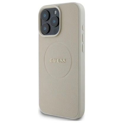 Guess Grained Ring MagSafe – dėklas, skirtas „iPhone 16 Pro Max“ (smėlio spalvos)