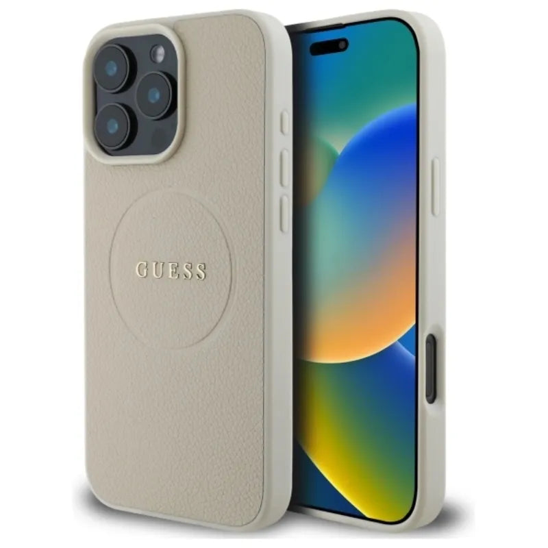 Guess Grained Ring MagSafe – dėklas, skirtas „iPhone 16 Pro Max“ (smėlio spalvos)