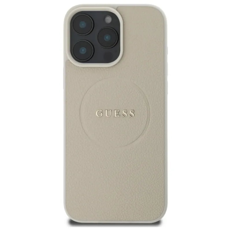 Guess Grained Ring MagSafe – dėklas, skirtas „iPhone 16 Pro Max“ (smėlio spalvos)