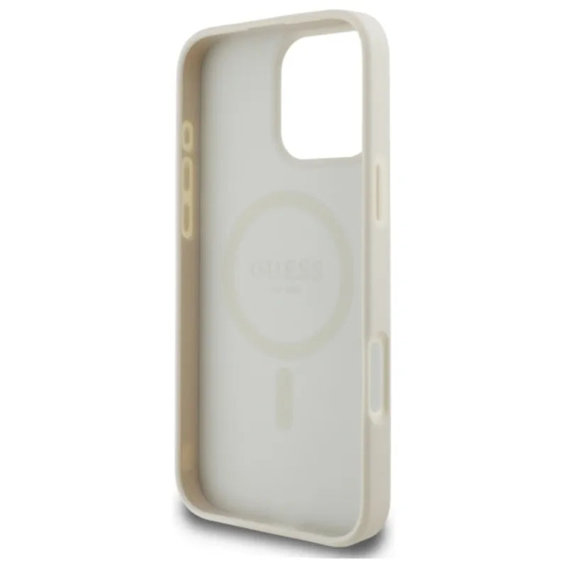 Guess Grained Ring MagSafe – dėklas, skirtas „iPhone 16 Pro Max“ (smėlio spalvos)