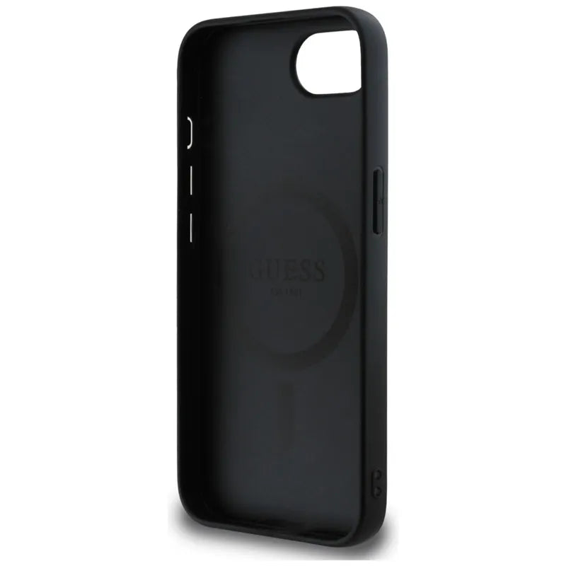 Guess Grained Ring MagSafe – dėklas, skirtas iPhone 16e (juodos spalvos)
