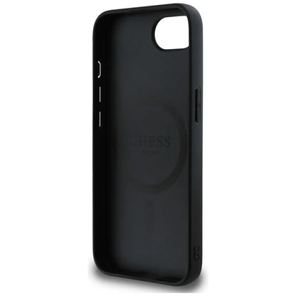 Guess Grained Ring MagSafe – dėklas, skirtas iPhone 16e (juodos spalvos)