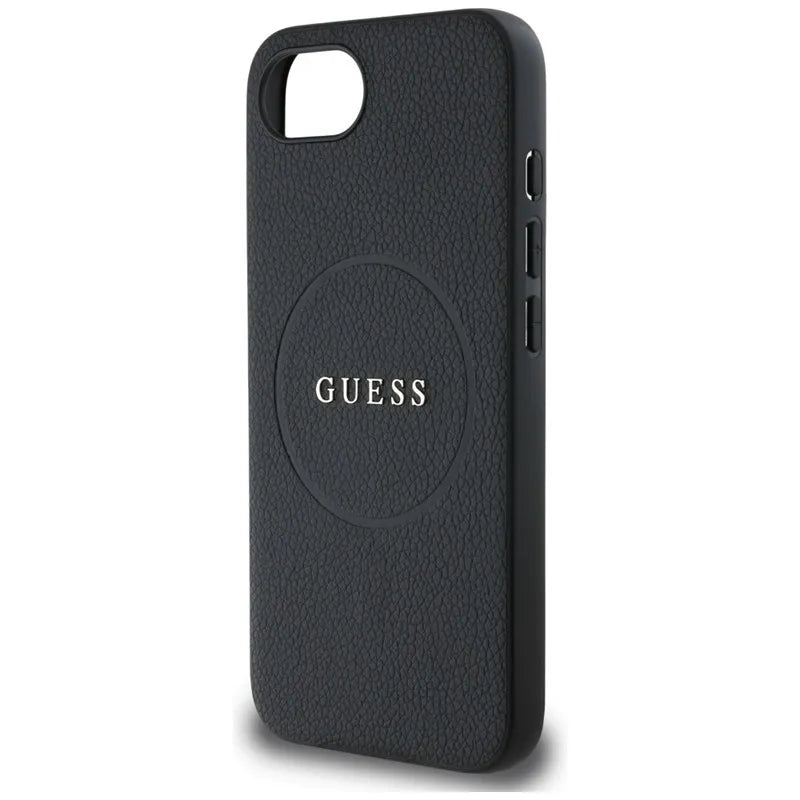 Guess Grained Ring MagSafe – dėklas, skirtas iPhone 16e (juodos spalvos)