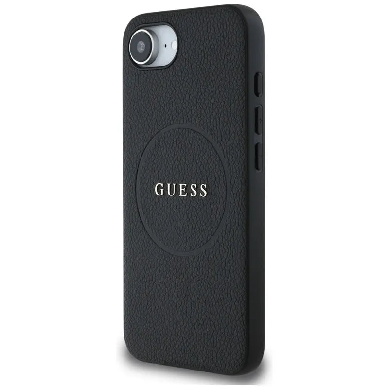Guess Grained Ring MagSafe – dėklas, skirtas iPhone 16e (juodos spalvos)