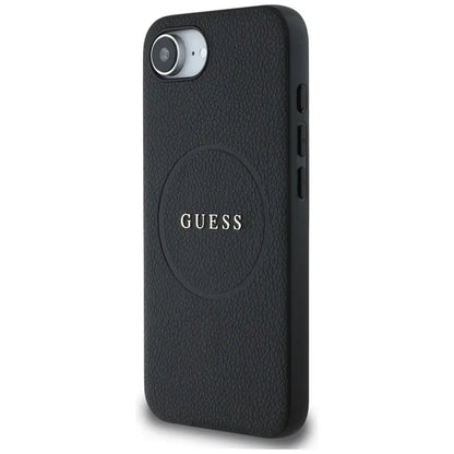 Guess Grained Ring MagSafe – dėklas, skirtas iPhone 16e (juodos spalvos)