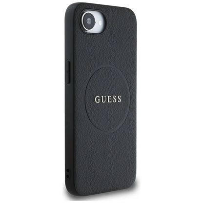 Guess Grained Ring MagSafe – dėklas, skirtas iPhone 16e (juodos spalvos)