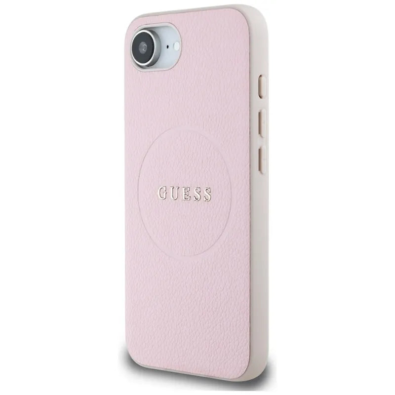 Guess Grained Ring MagSafe – dėklas, skirtas iPhone 16e (rožinis)