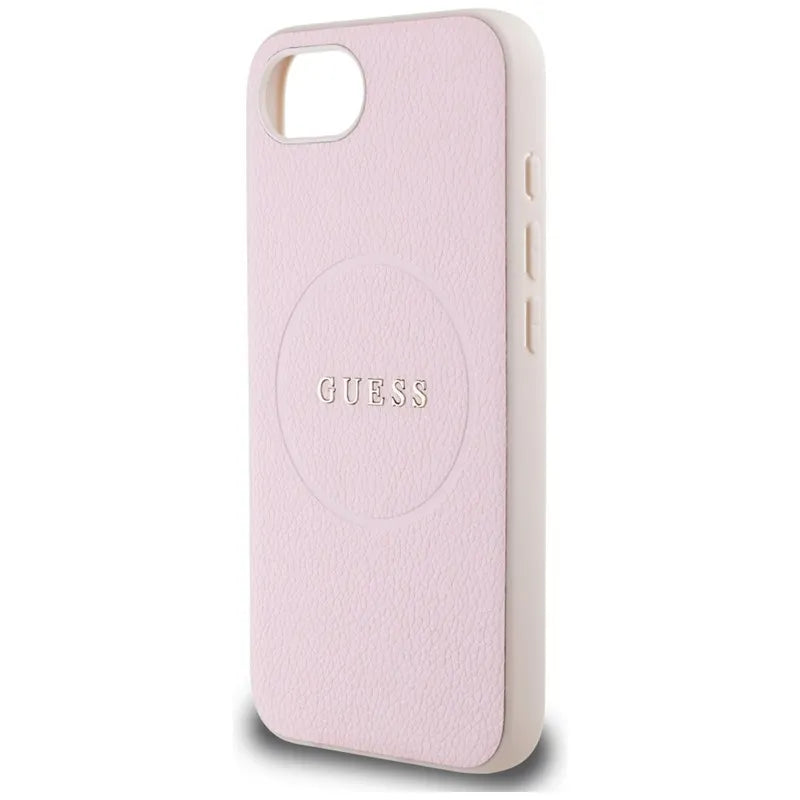 Guess Grained Ring MagSafe – dėklas, skirtas iPhone 16e (rožinis)