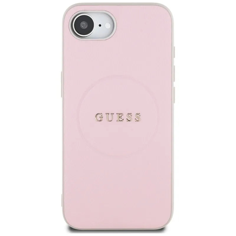 Guess Grained Ring MagSafe – dėklas, skirtas iPhone 16e (rožinis)