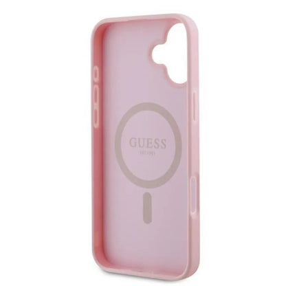 Guess Grained Ring MagSafe – iPhone 16 Plus dėklas (rožinis)