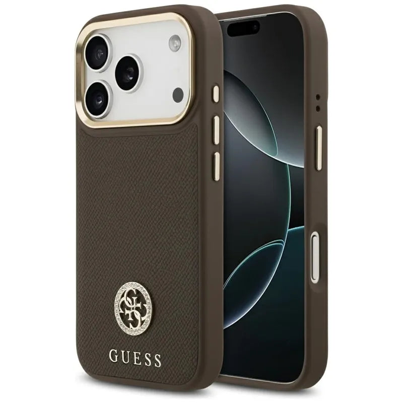Guess Grained Strass Logo MagSafe - Dėklas iPhone 17 Pro (rudos spalvos)