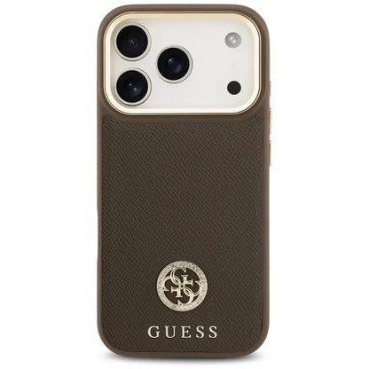 Guess Grained Strass Logo MagSafe - Dėklas iPhone 17 Pro (rudos spalvos)