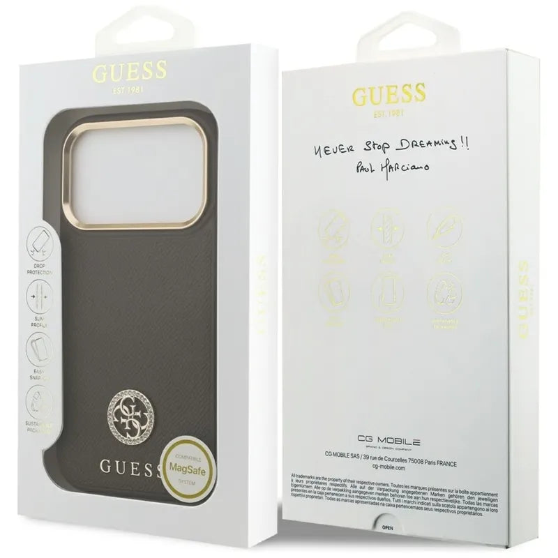 Guess Grained Strass Logo MagSafe - Dėklas iPhone 17 Pro (rudos spalvos)