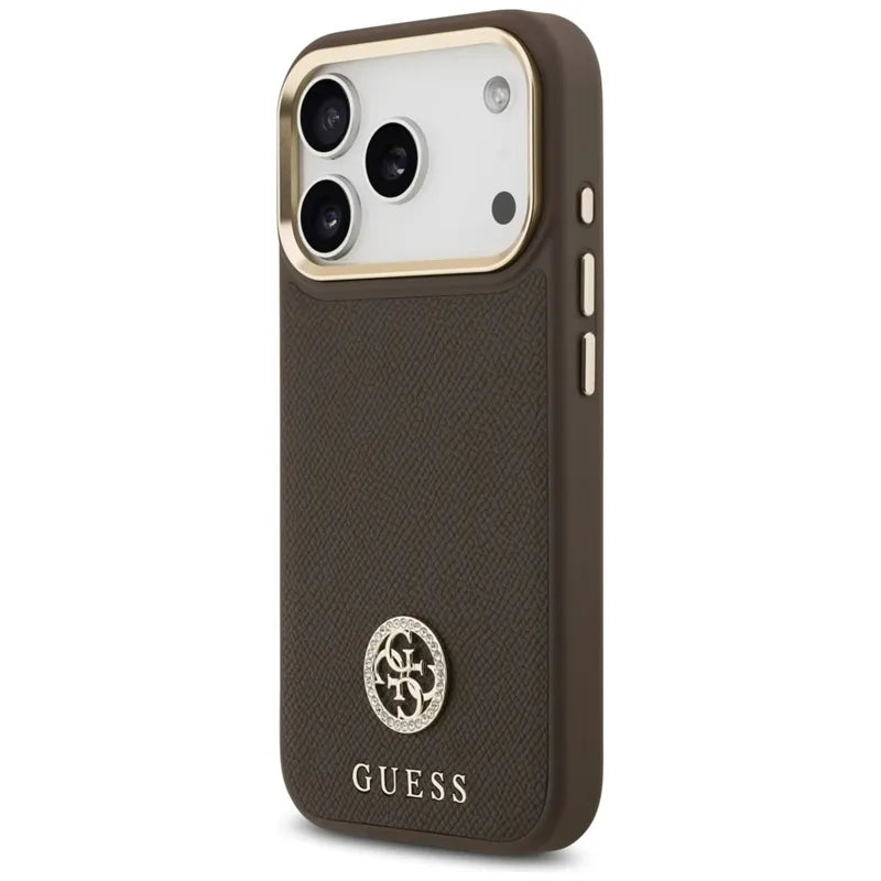 Guess Grained Strass Logo MagSafe - Dėklas iPhone 17 Pro (rudos spalvos)