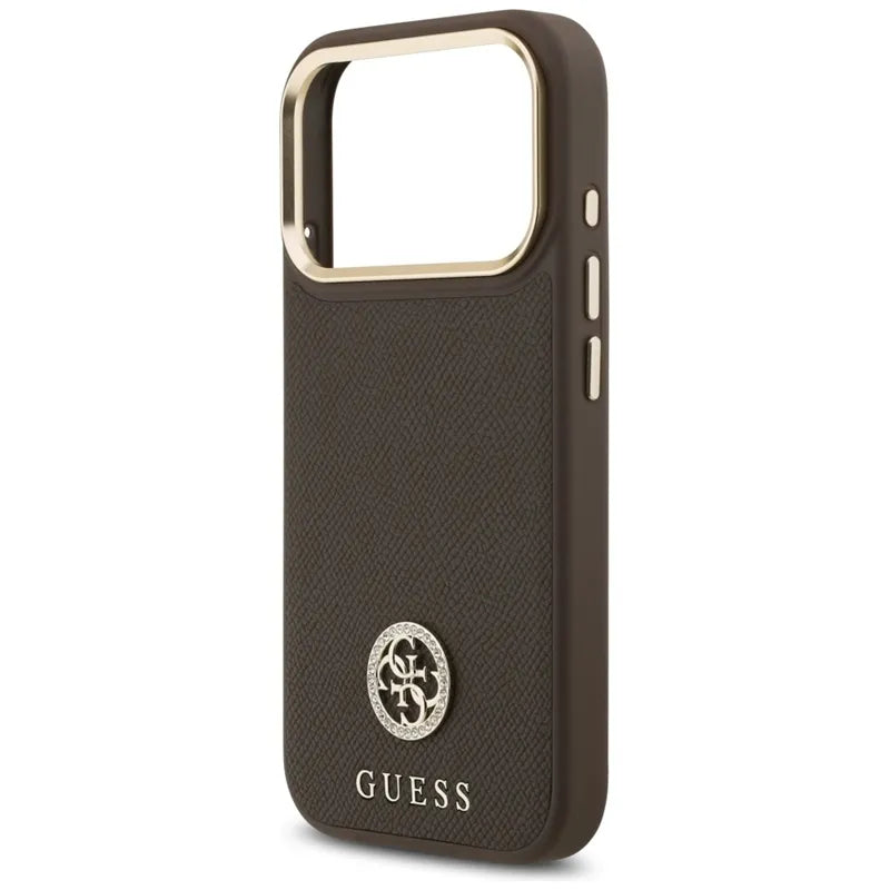 Guess Grained Strass Logo MagSafe - Dėklas iPhone 17 Pro (rudos spalvos)
