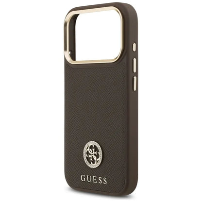 Guess Grained Strass Logo MagSafe - Dėklas iPhone 17 Pro (rudos spalvos)