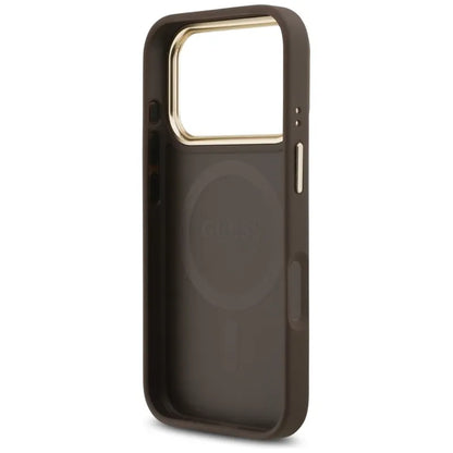 Guess Grained Strass Logo MagSafe - Dėklas iPhone 17 Pro (rudos spalvos)
