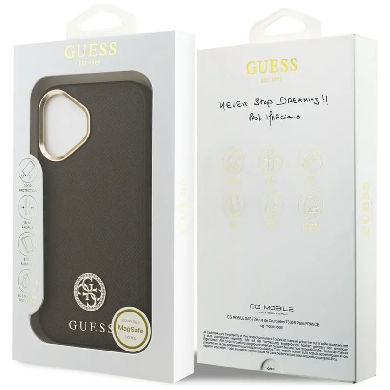 Guess Grained Strass Logo MagSafe - Dėklas iPhone 17 (ruda)