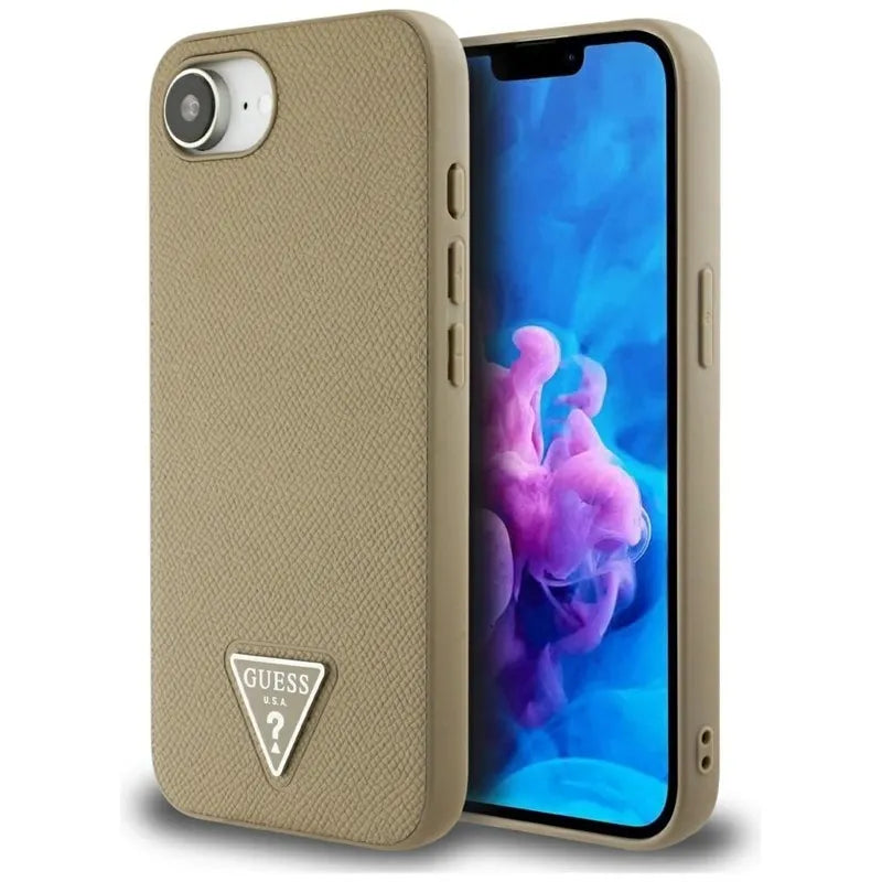 Guess Grained Triangle MagSafe – dėklas iPhone 16e (rudas)