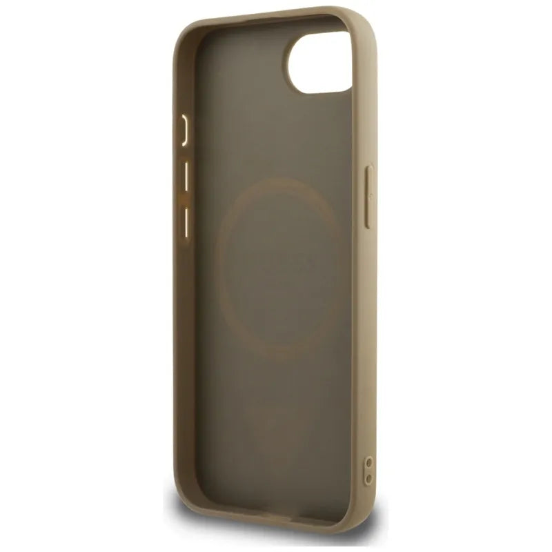 Guess Grained Triangle MagSafe – dėklas iPhone 16e (rudas)