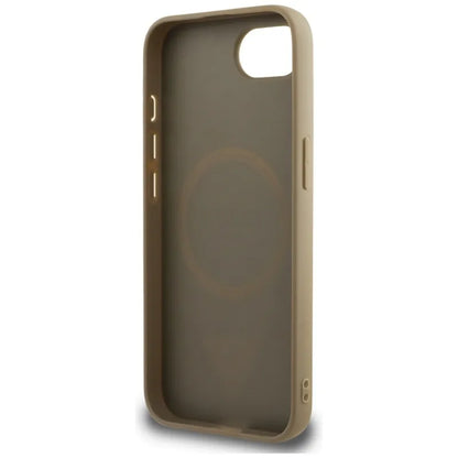 Guess Grained Triangle MagSafe – dėklas iPhone 16e (rudas)